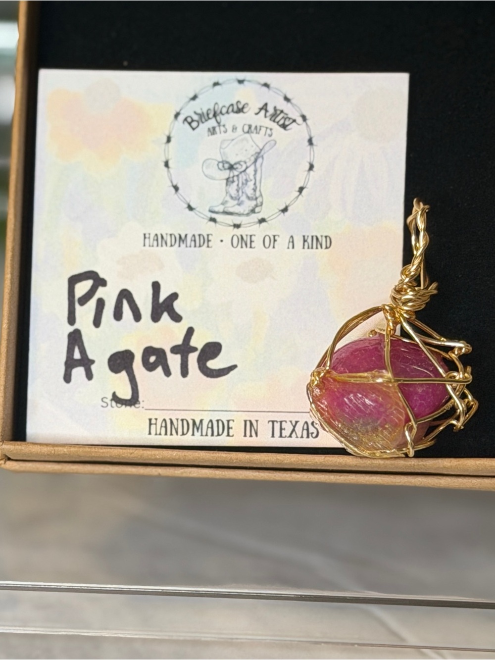Handmade Pink Agate Wire Wrapped Pendant Gold Jewelry Texas Artisan Gift